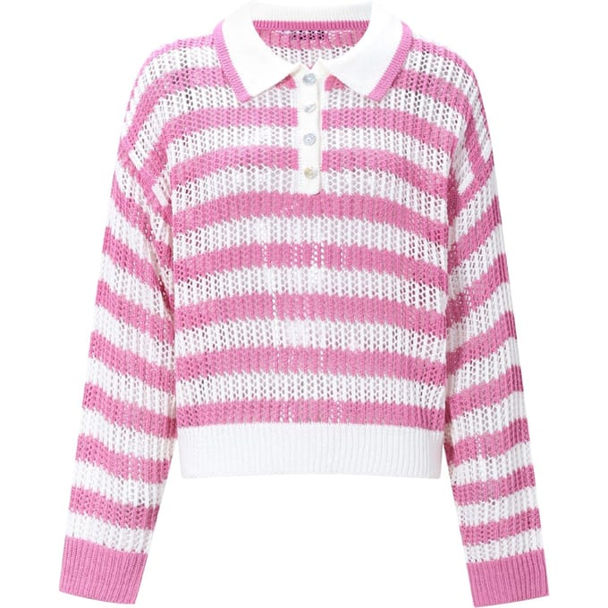 Comfortabele Gestreepte Gebreide Dames Polotop - Roze - Maat S/M