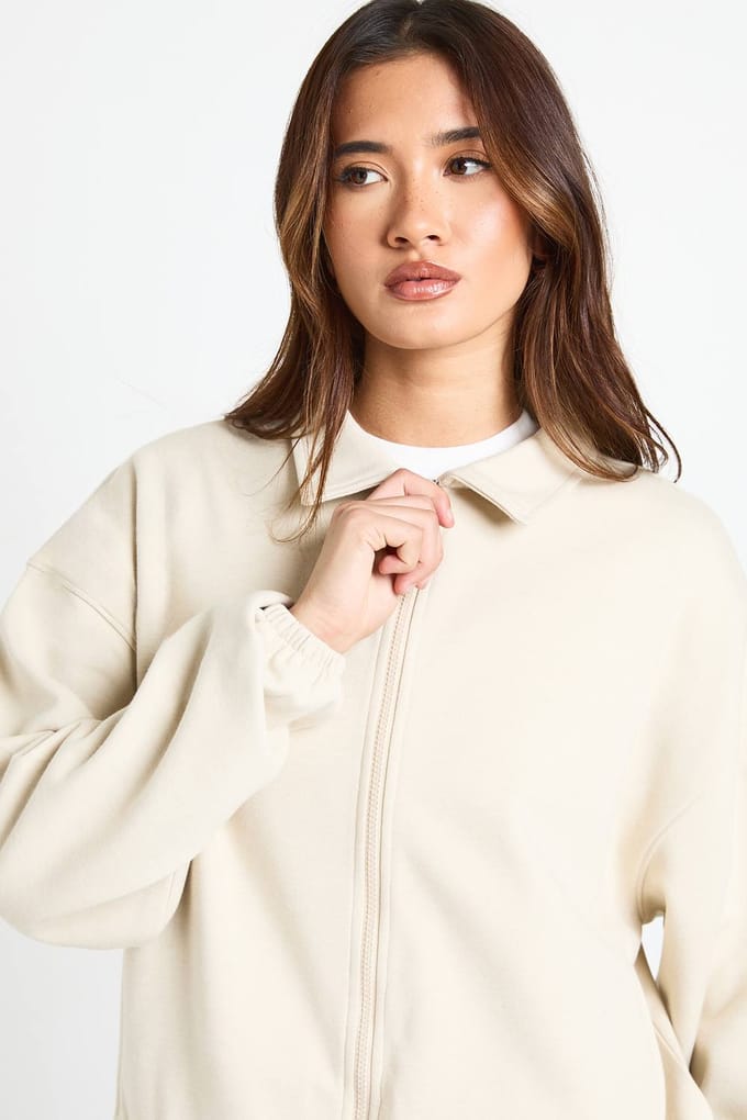 boohoo Dames Interlock Bubble Zoom Rits Bomber Sweatshirt | Cream | Maat: XL