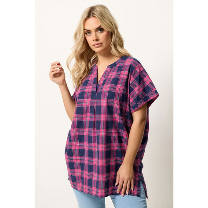 Yours Roze Geruite Geplooide Top Size 42
