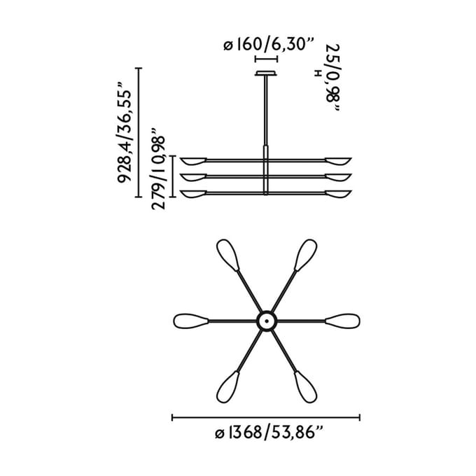 FARO BARCELONA Liggera hanglamp, zwart, staal, Ø 136,8 cm, 6-lamps.