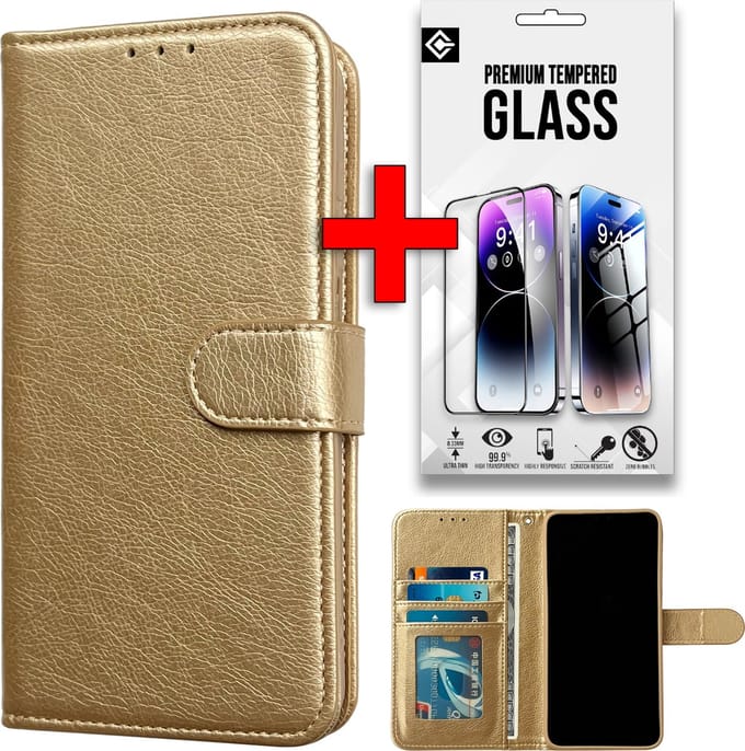 Casemania Hoesje & Glas Geschikt voor Apple iPhone 16 Plus - Goud - Portemonnee Book Case - Glazen Screenprotector