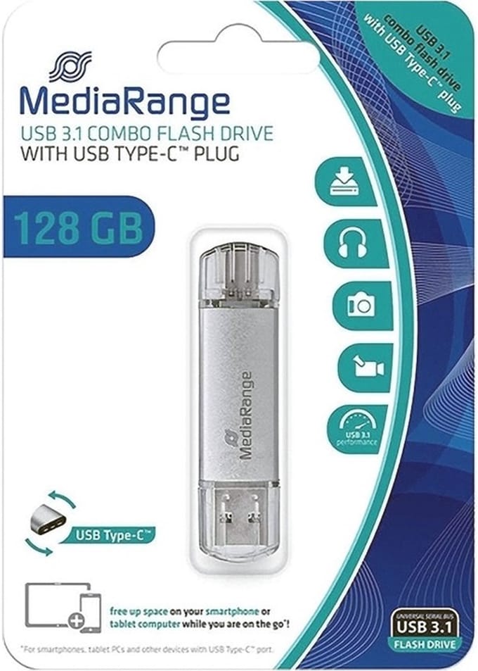 MediaRange USB Stick 128GB | Combo USB 3.2 Gen 1 met USB-A en USB Type-C | Zilver