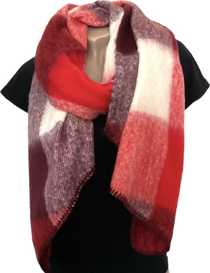 Sjaal - Dikke Kwaliteit - Geblokt - Rood/Ecru - 220 x 50 cm (969634#)