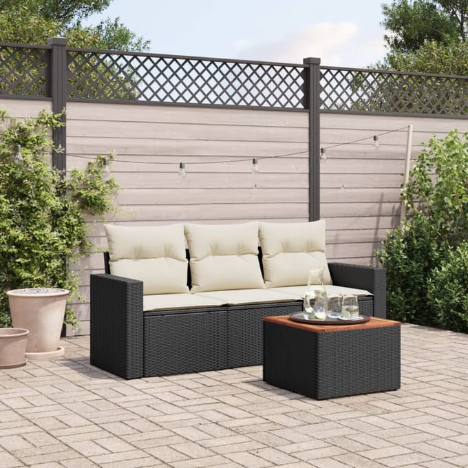 vidaXL - 4-delige - Loungeset - met - kussens - poly - rattan - zwart