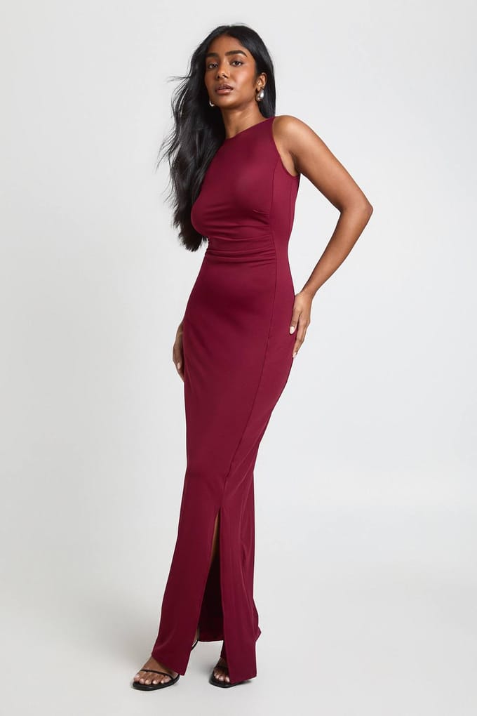 boohoo Dames Slinky Gerimpelde Zijkant Maxi Jurk | Wijn | Maat: 44