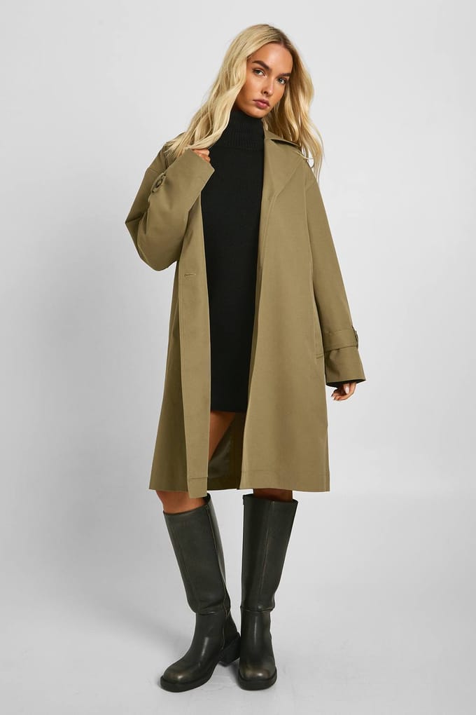 boohoo Dames Longline Met Ceintuur Trenchcoat | Sage | Maat: 10