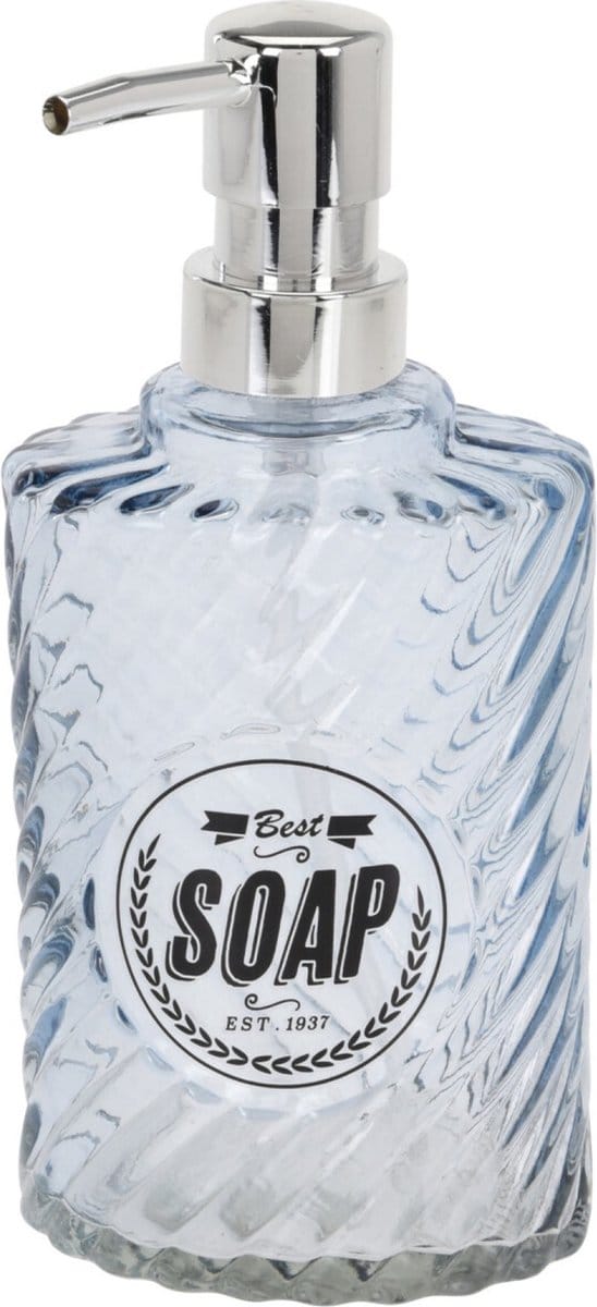 Items Zeeppompje/dispenser - 17 cm - glas - blauw - 300 ml - navulbaar - toilet/badkamer/keuken