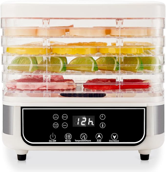Voedseldroger 5 Lagen - Drogermachine Vlees Fruit - Voedsel Conserveren - Slimme Touch Bediening - 72 Uur Timer - Wit