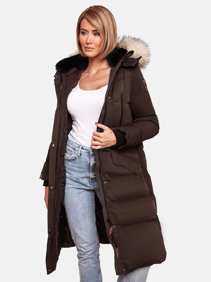 Marikoo dames winterjas – Schneesternchen, lang met capuchon & imitatiebontkraag