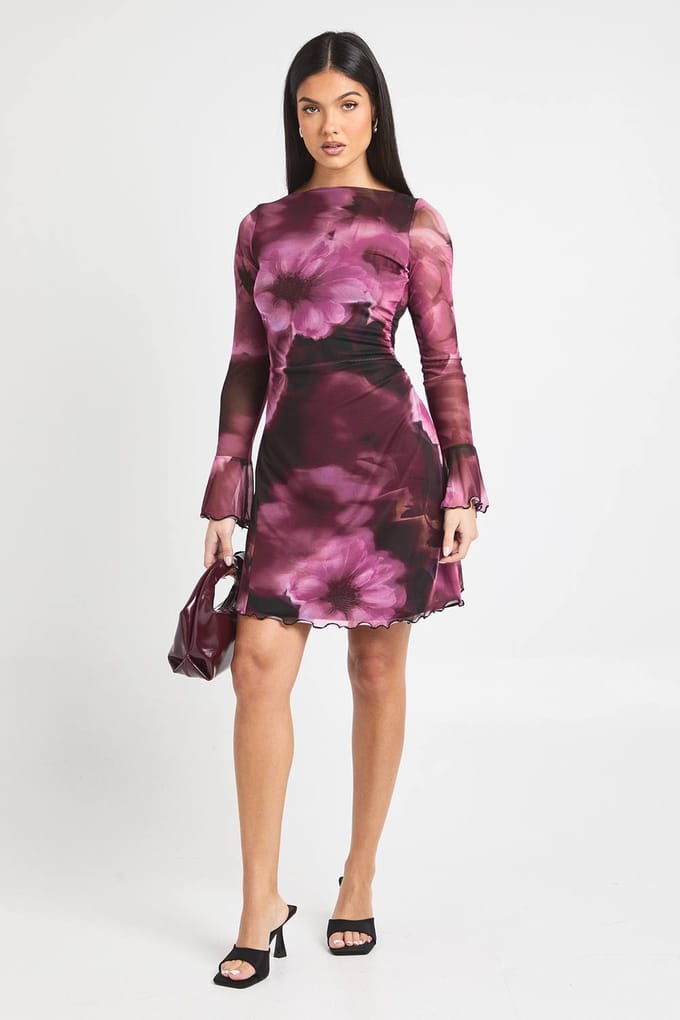 boohoo Dames Lange Bloemen A-Lijn Mesh Mini Jurk | Burgundy | Maat: 8