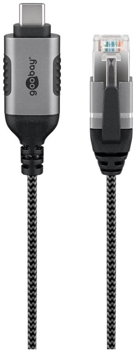 USB-C (m) naar RJ45 (m) Slimline Gigabit Ethernet Kabel - Nylon Sleeve - 2 meter - Zwart/Grijs