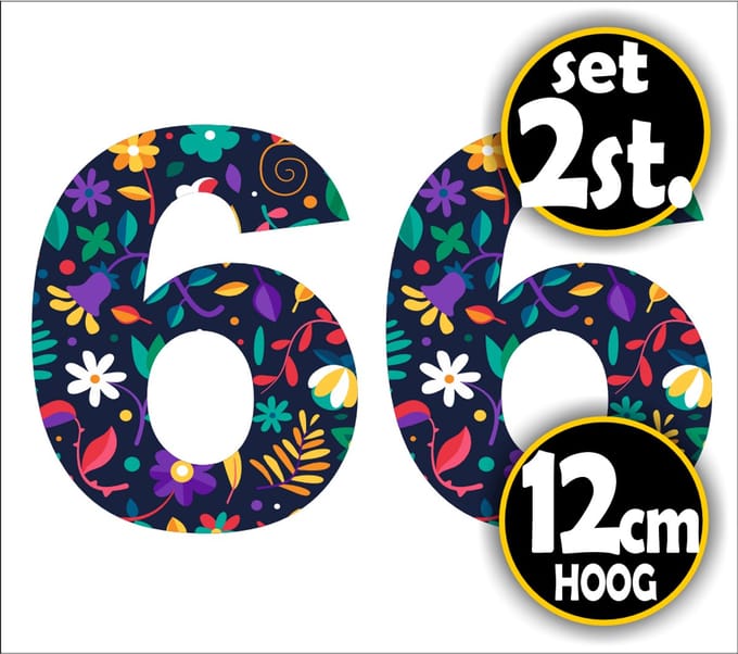 Jerma -nr. - 6 - Bloemprint - Sticker - set 2 st. - 12 cm Hoog - Zelfklevend - Weerbestendig - Vinyl