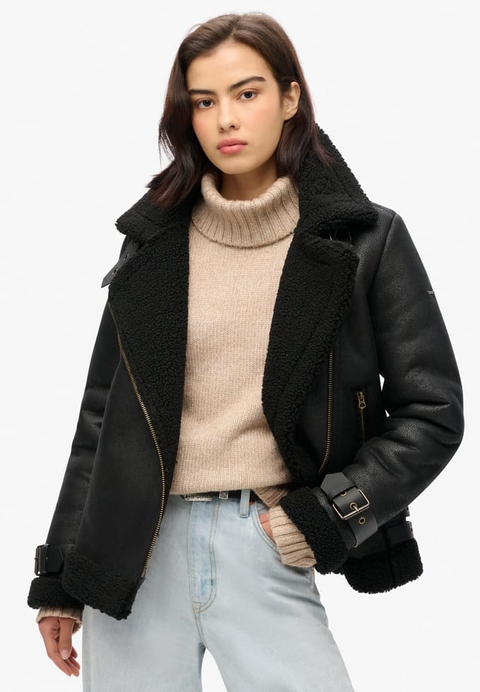 Superdry - Aviator jas van imitatiescheerwol - Dames - Buitenjassen
