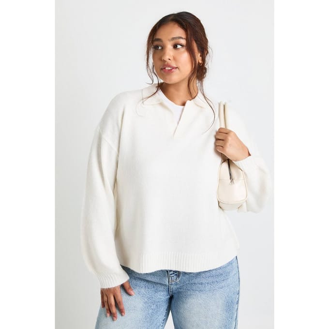 boohoo Dames PLUS MET KRAAG V-HALS GEBREIDE TOP | Cream | Maat: 20