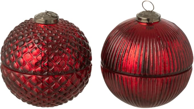 J-Line geurkaars Kerstbal - glas - bordeaux - small - 2 stuks