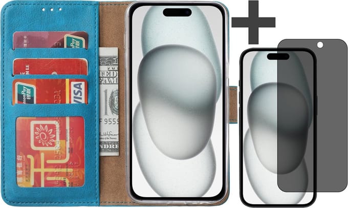 Hoesje met Privacy Screenprotector Geschikt voor iPhone 15 – Arara bookcase met pasjeshouder - Blauw