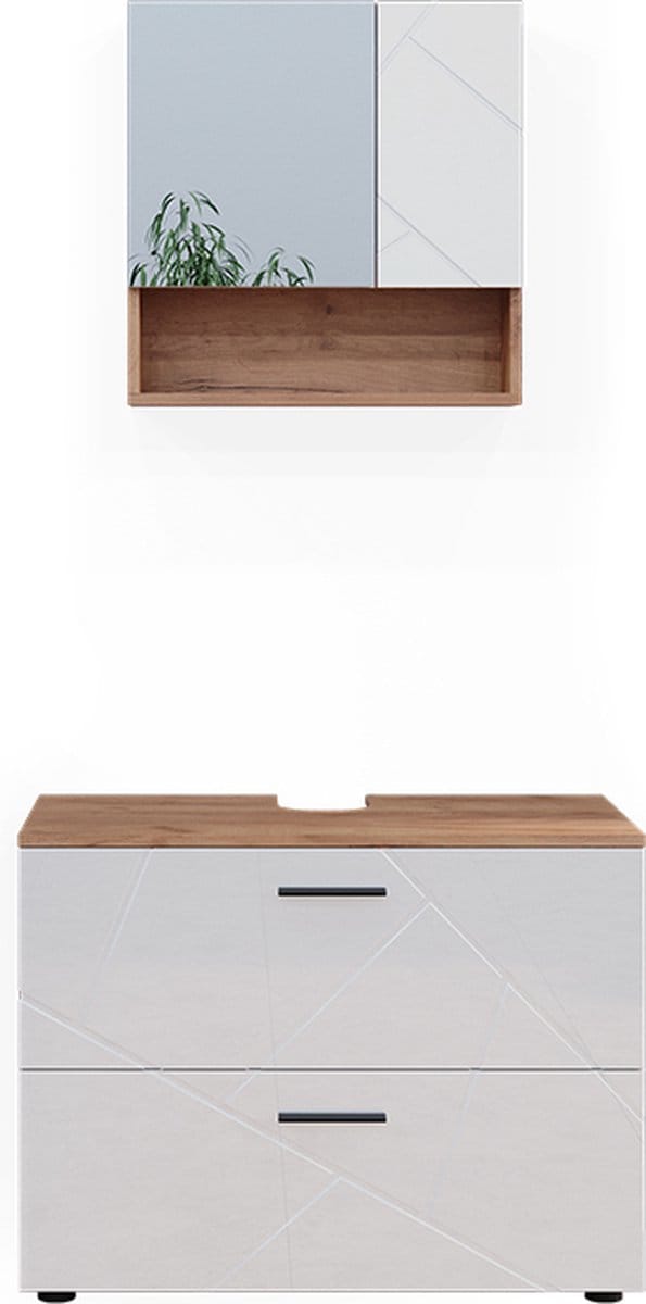 Vicco Badkamermeubelset Irma, Wit Hoogglans/Goudkleurig Eiken, 2-delig