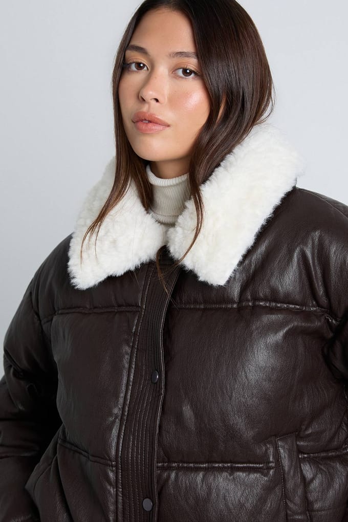 boohoo Dames Fur Collar Puffer | Chocolate | Maat: 12