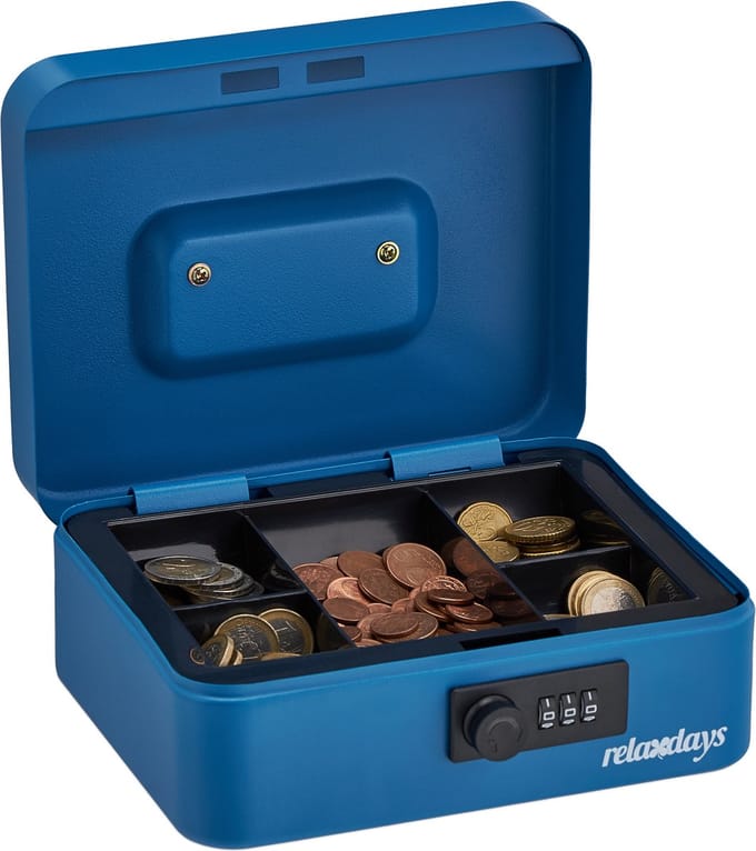 geldkistje - 3-cijferige cijfercode - 8,5 x 20 x 17 cm - staal - munten en briefjes - blauw
