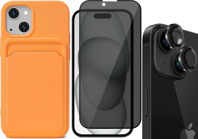 Hoesje Pasjeshouder geschikt voor iPhone 15 Plus - Privacy Screenprotector FullGuard + Camera Lens Screen Protector Zwart - Siliconen Case Back Cover Oranje