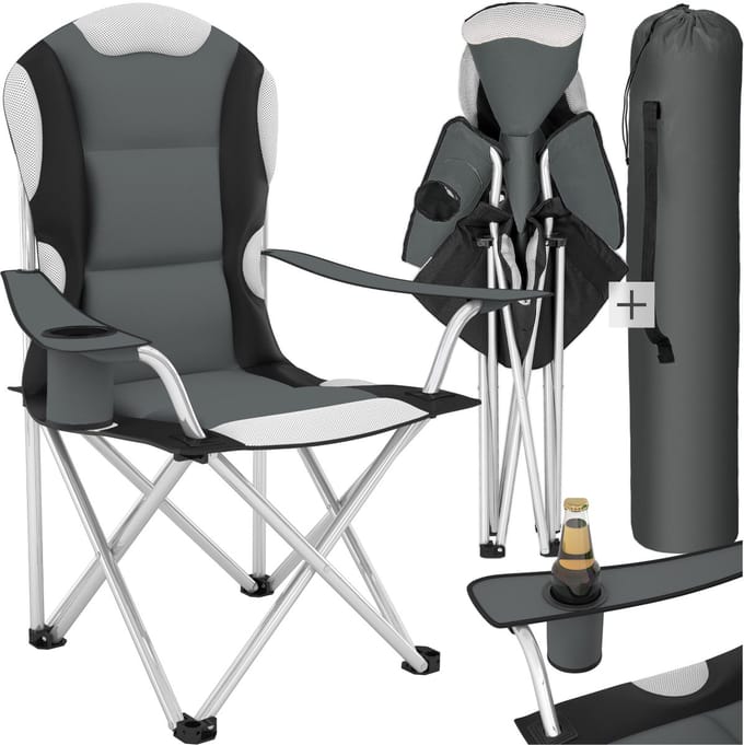 tectake® Campingstoel - Opklapbare Stoel - Opvouwbaar - Strandstoel met Bekerhouder en Draagtas - Klapstoel - Visstoel - Draagkracht 120 kg - Grijs/Zwart