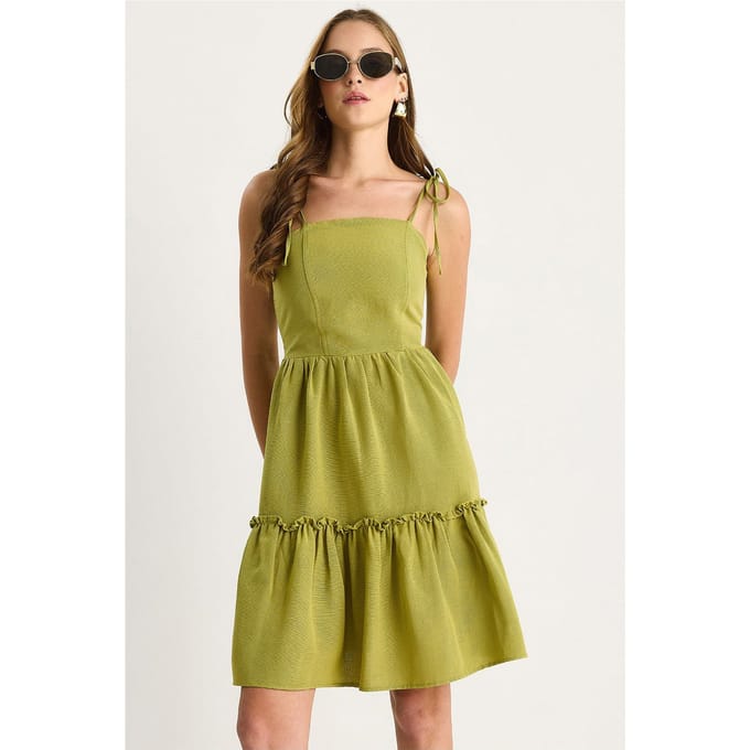 Vierkante Halslijn A-Form Midi Dress met Binddetails