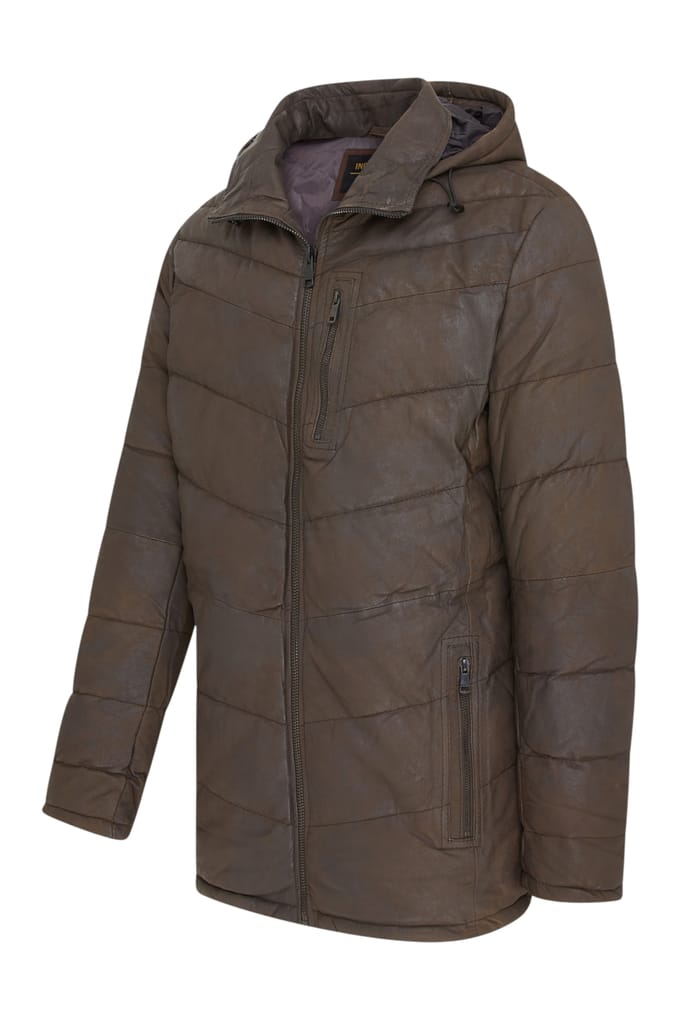 Heren Bruine Leren Gewatteerde Jas met Capuchon en Puffer Winterjas - Olyic