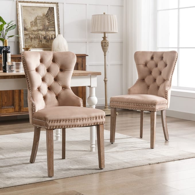 Clruro Eetkamerstoelen - Set van 2 - Deurklopper & Nagelkop - Massief Houten Poten - Fluweel - Bruin