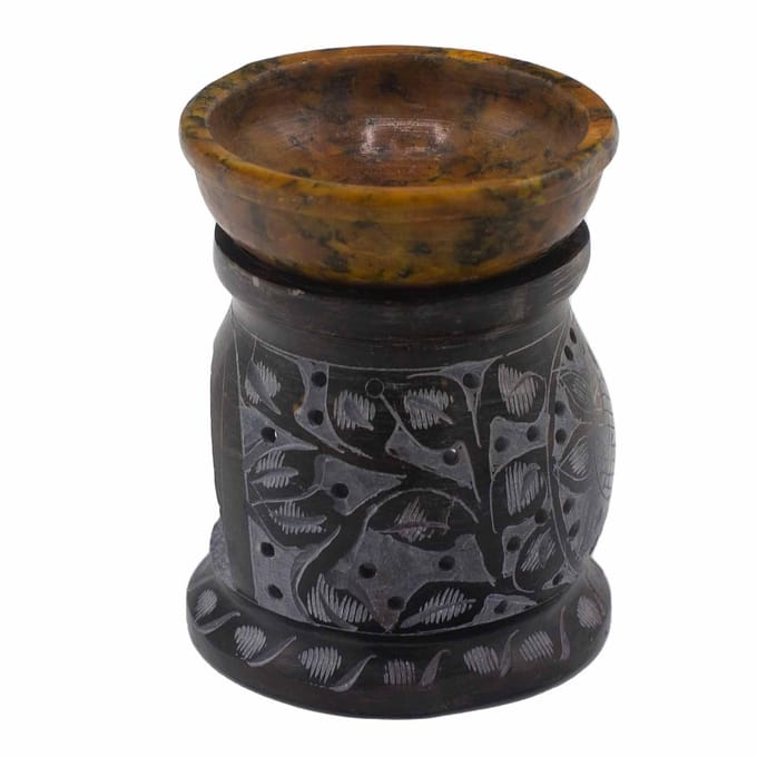 Zeepsteen oliebrander 10 cm - Mandala bloem - zwart & geel