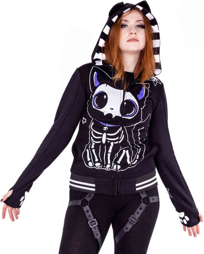 Cupcake Cult - Skeleton Cat Vest met capuchon - S - Zwart