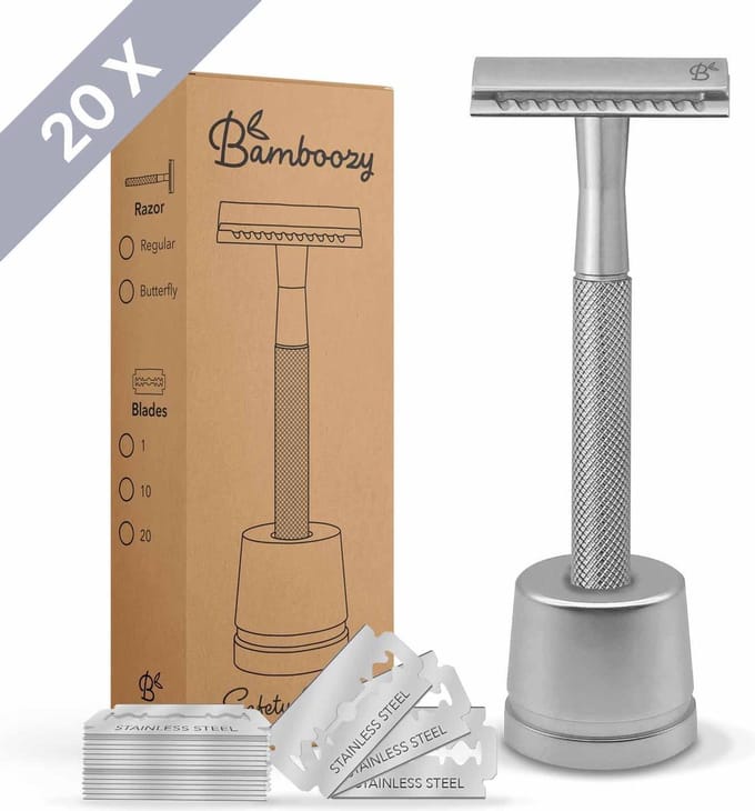 Bamboozy Safety Razor RVS + 20 scheermesjes + Houder Zilver Chrome Unisex Vrouwen Mannen Double Edge Zero Waste Scheren