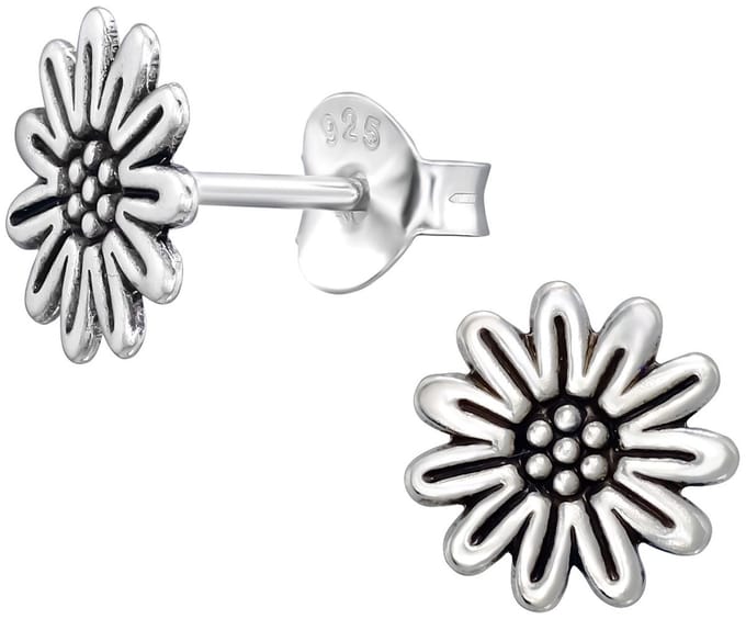 Joy|S - Zilveren bloem oorbellen - 8 mm - zonnebloem - geoxideerd