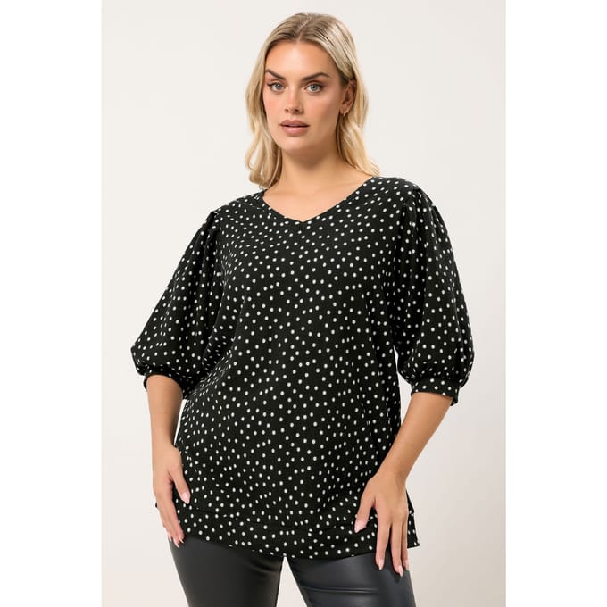 Yours Zwarte Top Met Stippen En Ballonmouwen Size 44