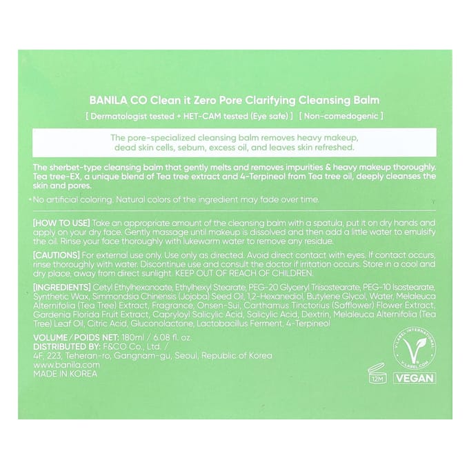 Banila Co, Clean It Zero, Baume nettoyant clarifiant pour les pores, Tea Tree-EX, 175 ml (180ml) white