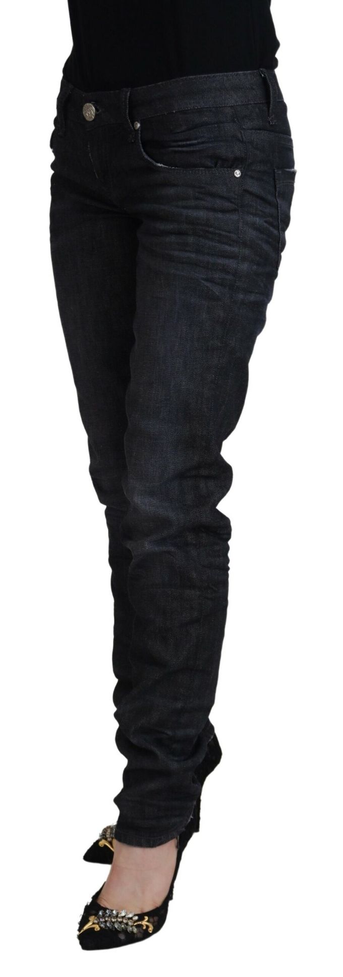 Acht Zwarte Katoenen Lage Taille Slim Fit Dames Casual Denim Damesjeans