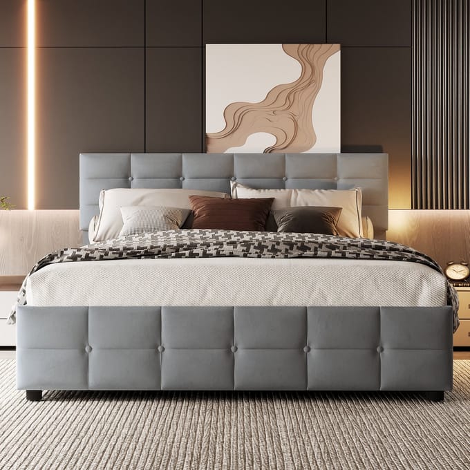Gestoffeerd bed 180x200 cm - lattenbodem - eenpersoonsbed - grijs - zonder matras