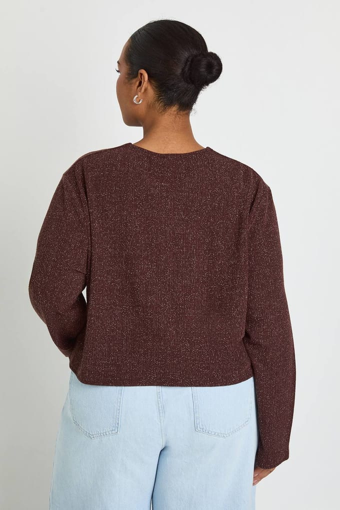 boohoo Dames Plus Glitter Rib Gouden Doorknoop Boxy Top | Bruin | Maat: 50