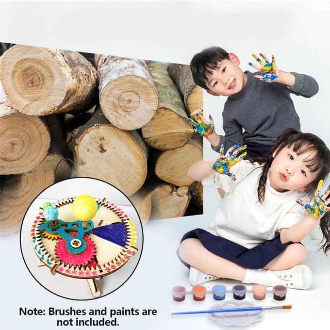 Doe-het-zelf Zonnestelsel Model Bouwpakket Houten Puzzel Mechanische Set Monteren Zon Aarde Maan Planeet Educatief Wetenschap Speelgoed voor Kinderen beige