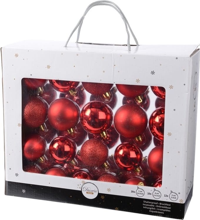 Decoris Kerstballen 42x stuks kunststof rood 5-6-7 cm glans glitter kerstversiering