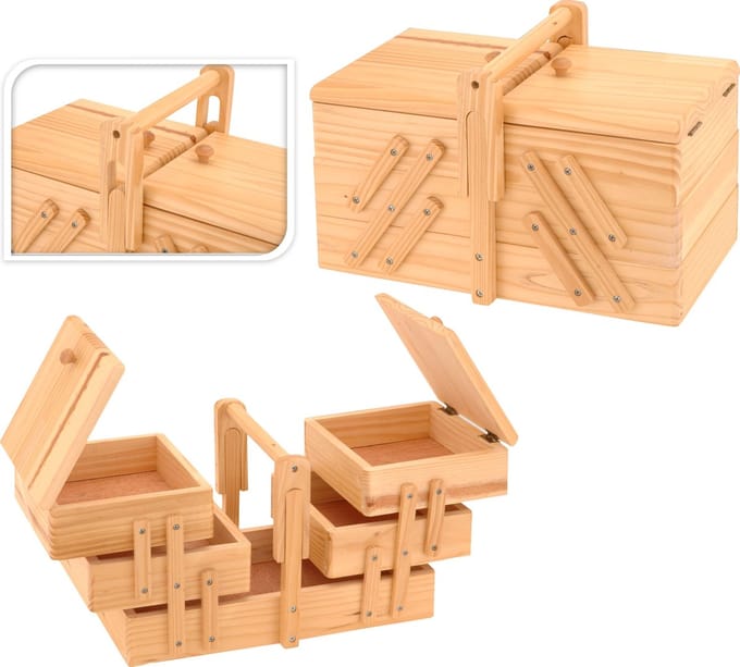 Houten Naaidoos - 3-laags - uitklapbaar- 30 x 18.5 x 18.5 cm- Hout-Compact