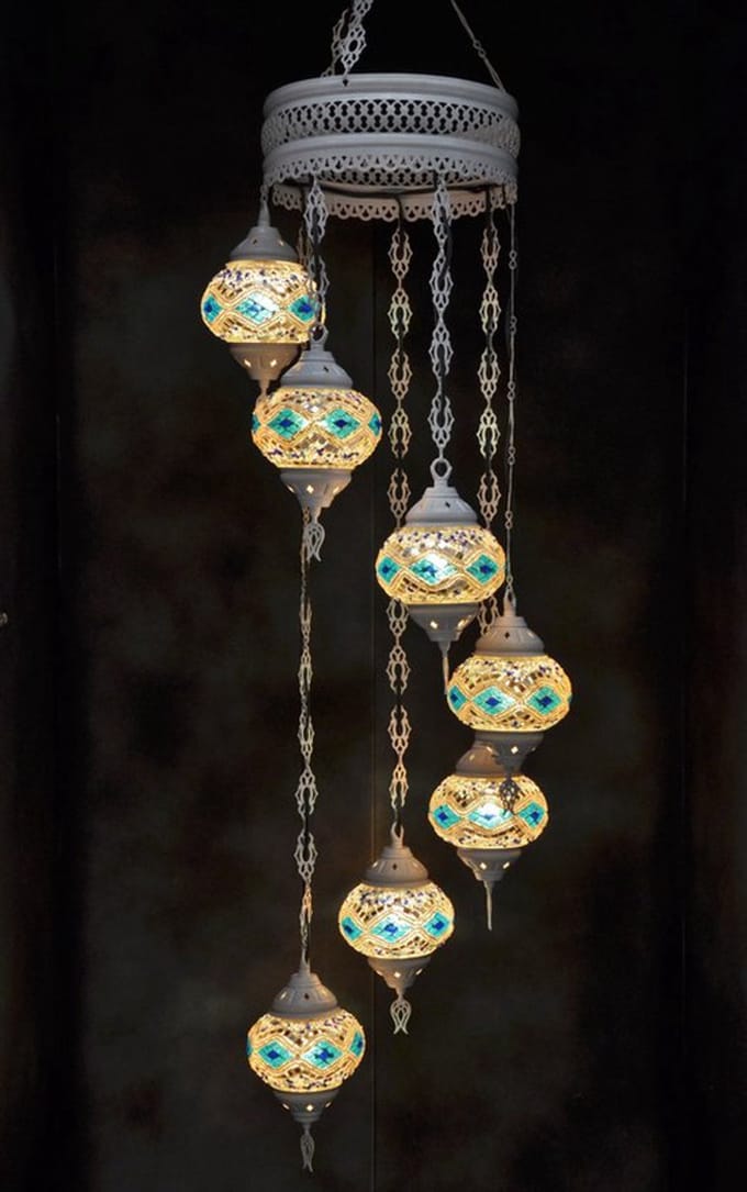 Hanglamp multicolour wit blauw glas mozaïek Oosterse lamp kroonluchter Crèmewit 7 bollen