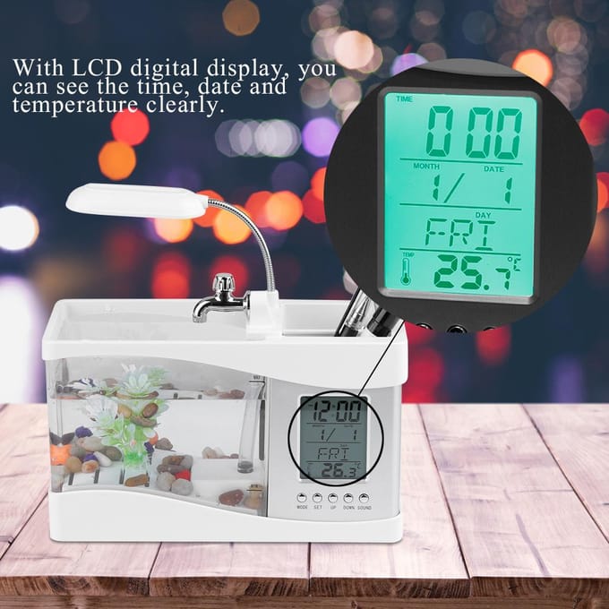 Multifunctioneel USB Oplaadbaar Mini Aquarium met Klokfunctie LED Licht Wit wit