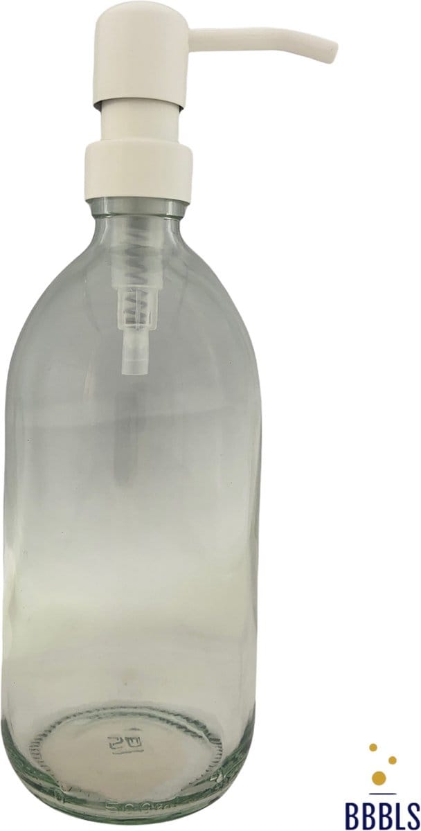 BBBLS® Design Dispenser "Blanco" | Transparant Glas | 500ml | RVS / Metaal Pomp Wit | Zeeppomp | Zeepdispenser | Zeephouder