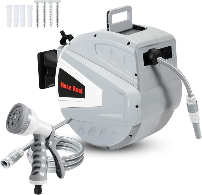 Slanghaspel - Waterslanghouder - Tuin bewateren - Automatisch oprollen - 22 meter lengte - Grijs
