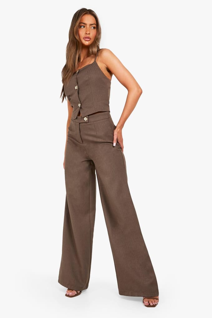 boohoo Dames Getextureerde wijde broeken | Mokka | Maat: 36