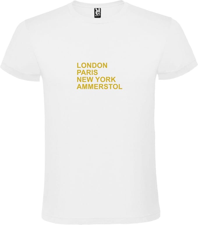 Wit T-Shirt met “ LONDON, PARIS, NEW YORK, AMMERSTOL “ Afbeelding Goud Size L