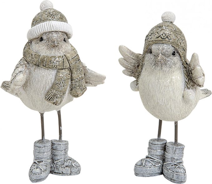 Wintervogels met  Glitter - White poly / metaal - set van 2 stuks