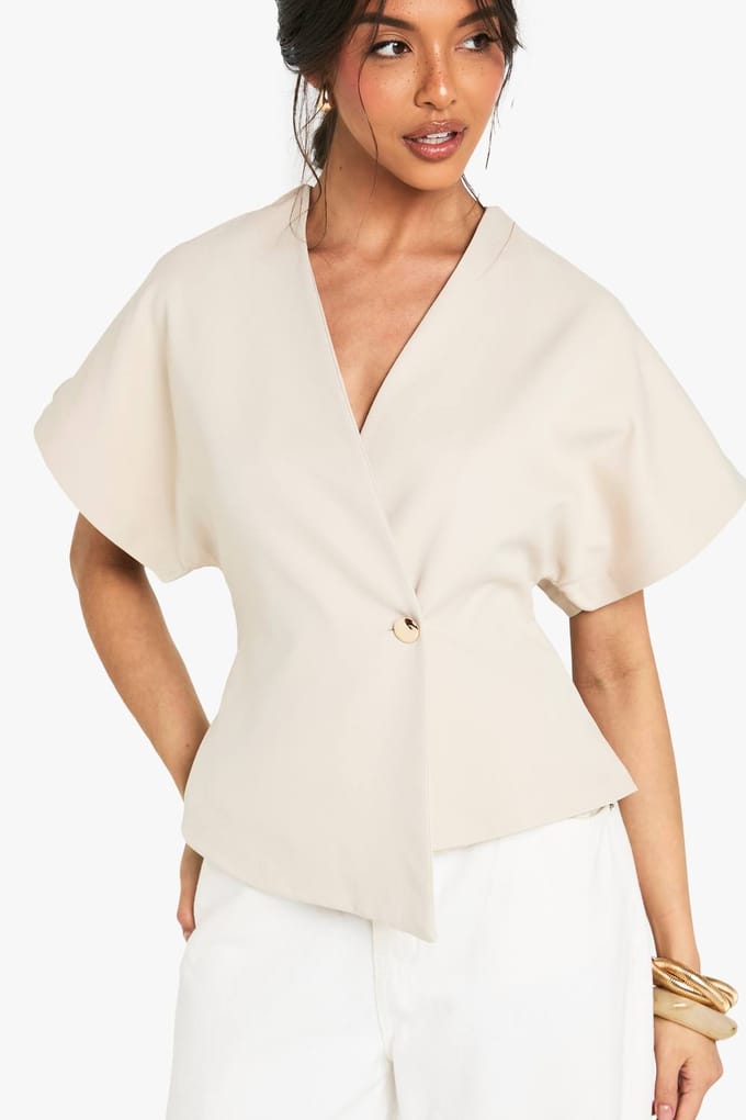 boohoo Dames Geweven Top met Knopen en Capmouwen | Steen | Maat: 36