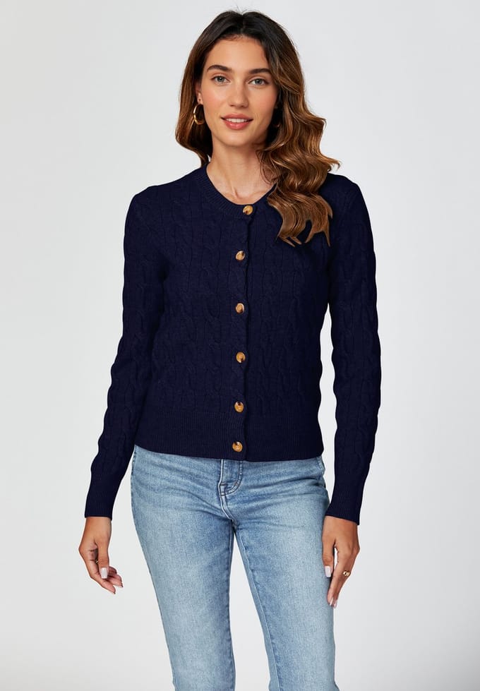 Kabelgebreide ronde hals cardigan in Marineblauw