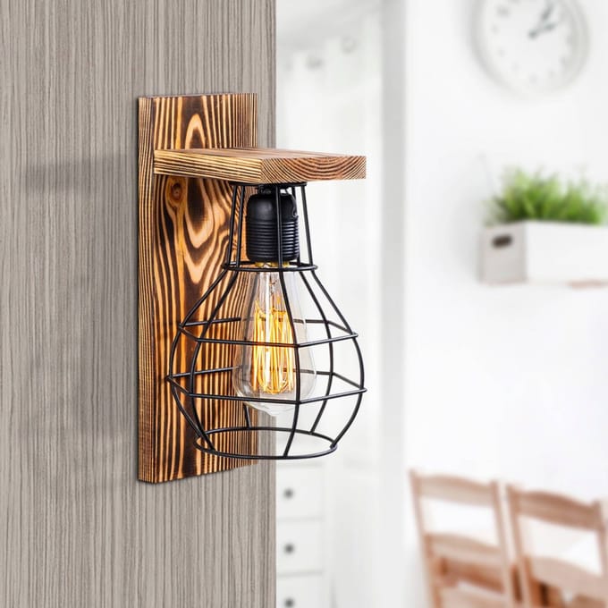 Opviq Erebos 121-A wandlamp, hout, zwarte kooi kap